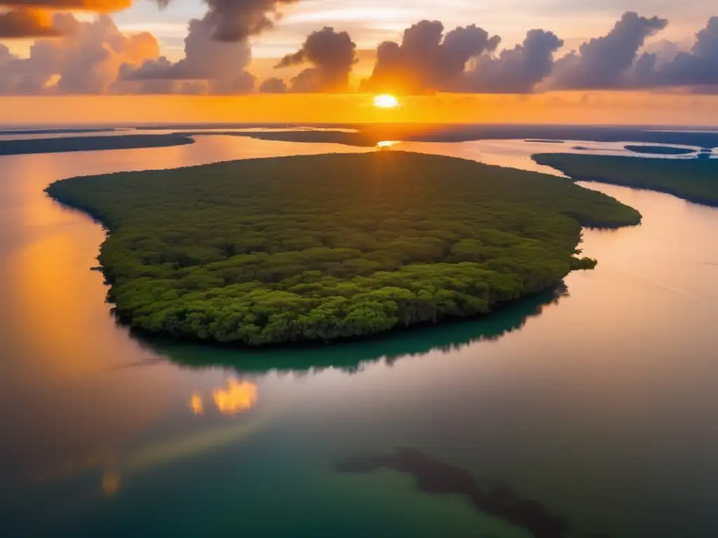 A breathtaking aerial view of a vast mangrove forest, bathed in a warm orange glow, as the setting sun casts its rays upon the tranquil water below