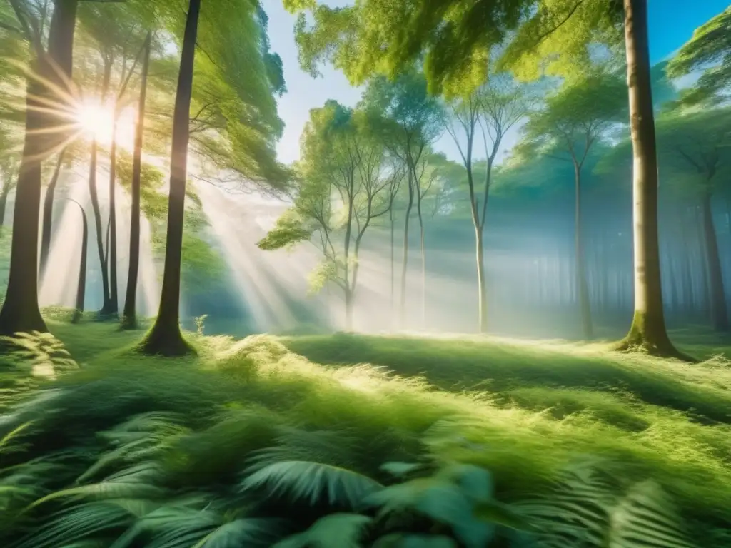 A serene aerial shot of a lush green forest, with sunlight filtering through the foliage, casting dappled shadows on the ground