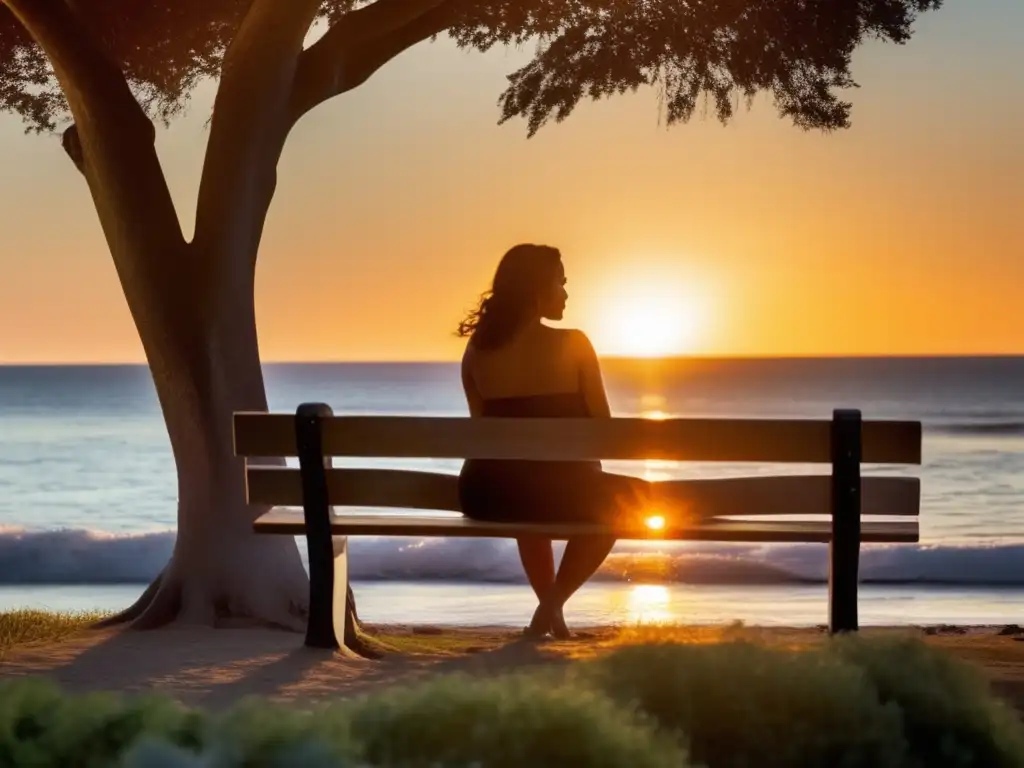 A serene image of a woman in pregnancy, perched on a park bench, gazing at the awe-inspiring ocean with a sense of tranquility