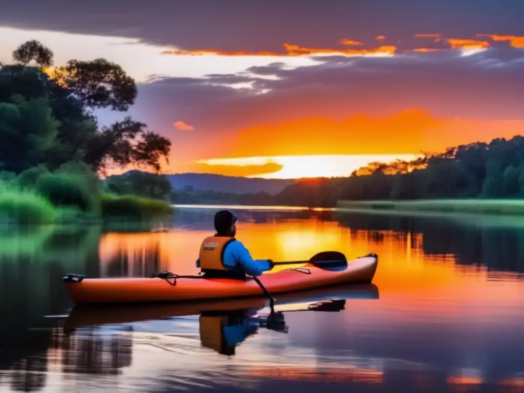 An orange sun setting over a serene river with an inflatable kayak reflecting the fading light off its surface