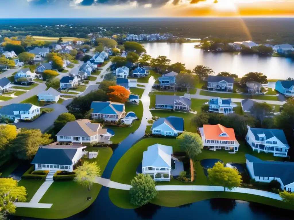 A breathtaking aerial view of a tranquil neighborhood amidst the chaos of a hurricane