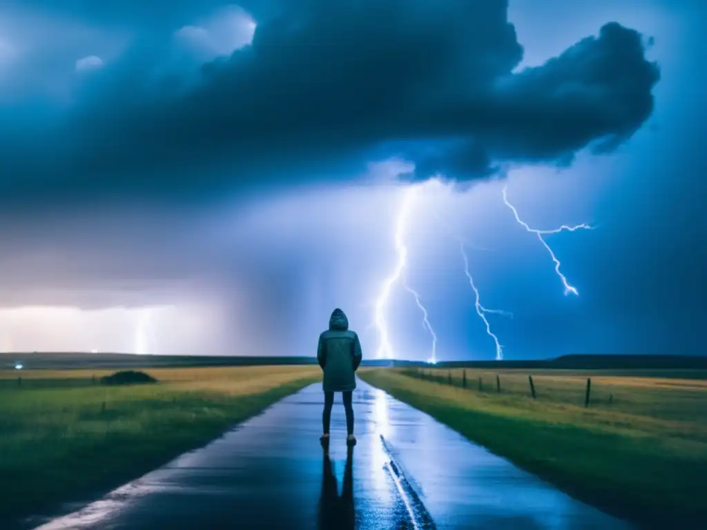 A vivid photograph of a person bravely standing amidst a stormy scenario with rain pelting down and lightning illuminating the background