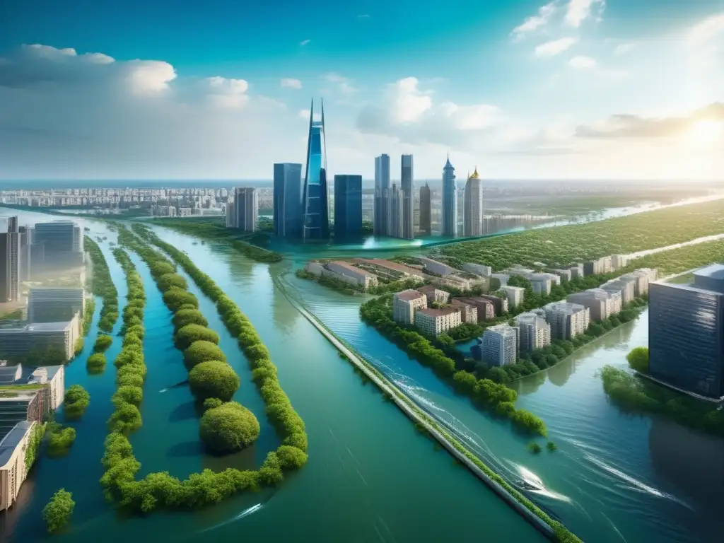 Aerial view of flooded cityscape: contrasting colors, textures, and rivers flow through property damage, sun boats float on blue sky