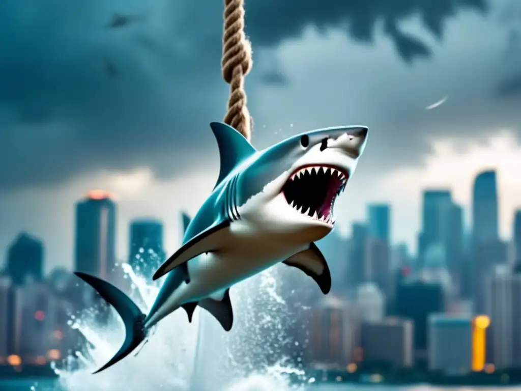 In the tumult of a city under a storm, a man dangles from a rope as a razor-sharp shark leaps from the waves, teeth bared and ready to strike