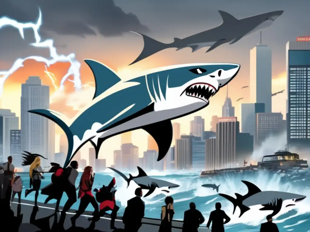 Devastation reigns in this iconic Sharknado-riddled cityscape, as terrified citizens flee in panic