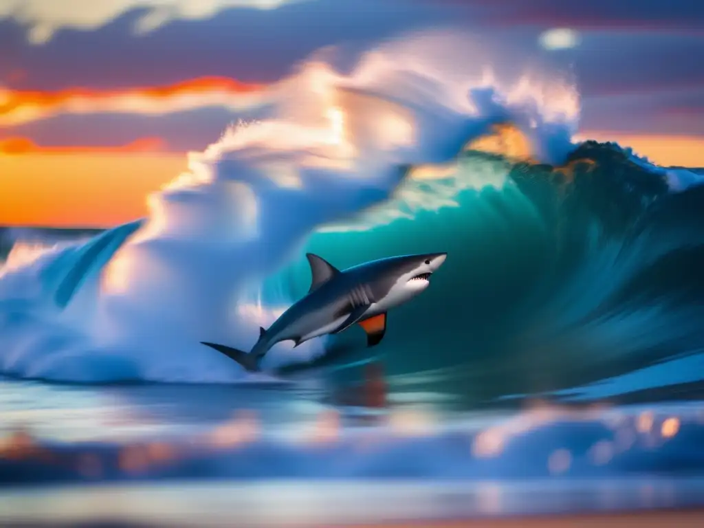 Intense and thrilling scene of waves crashing onto a shore, with a Sharknado jumping out of the water towards the camera