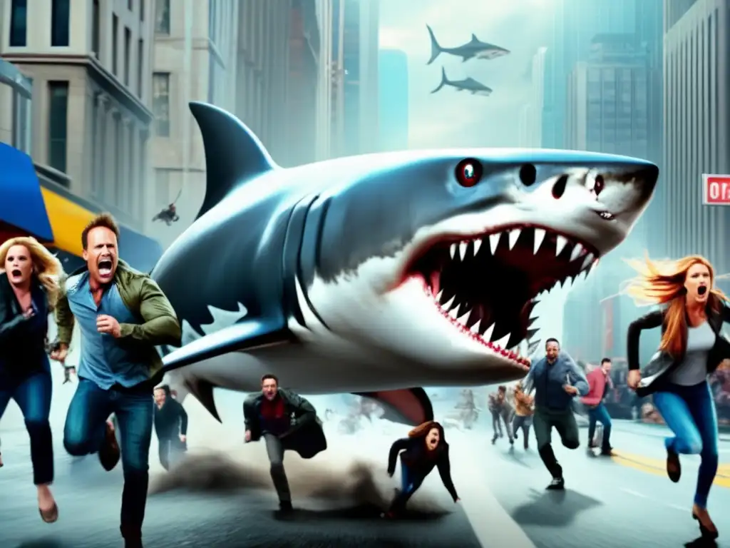 A gripping and cinematic image from Sharknado 3: Oh Hell No!, where a group of terrified people flee from a rampaging shark on a busy city street