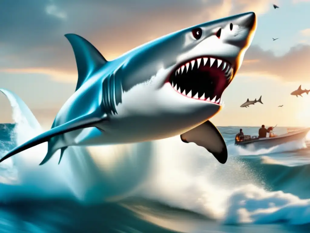 A suspenseful image captures the essence of Sharknado 3, with a giant, menacing shark charging towards the sky