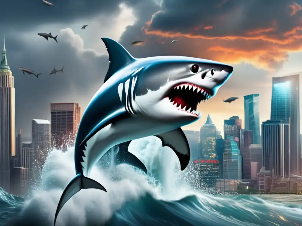 Dash-ALT Text: 'Sharknado 5: Global Swarming (2017) Movie Poster - An epic battle for survival with giant sharks taking over the city skyline'