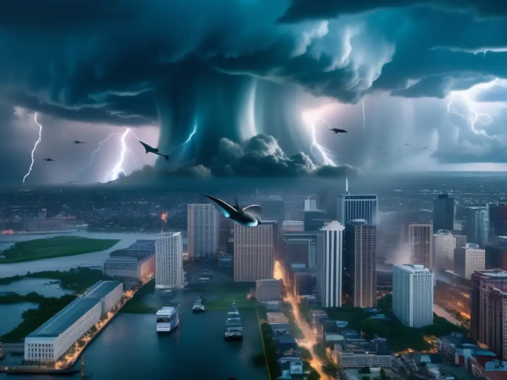 Sharknado, a beast composed of sharks, destroying the city in a cinematic aerial view