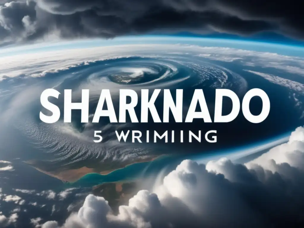 A breathtaking aerial view of the Earth's surface from space, featuring a swirling vortex of black clouds and a massive sharknado in the distance