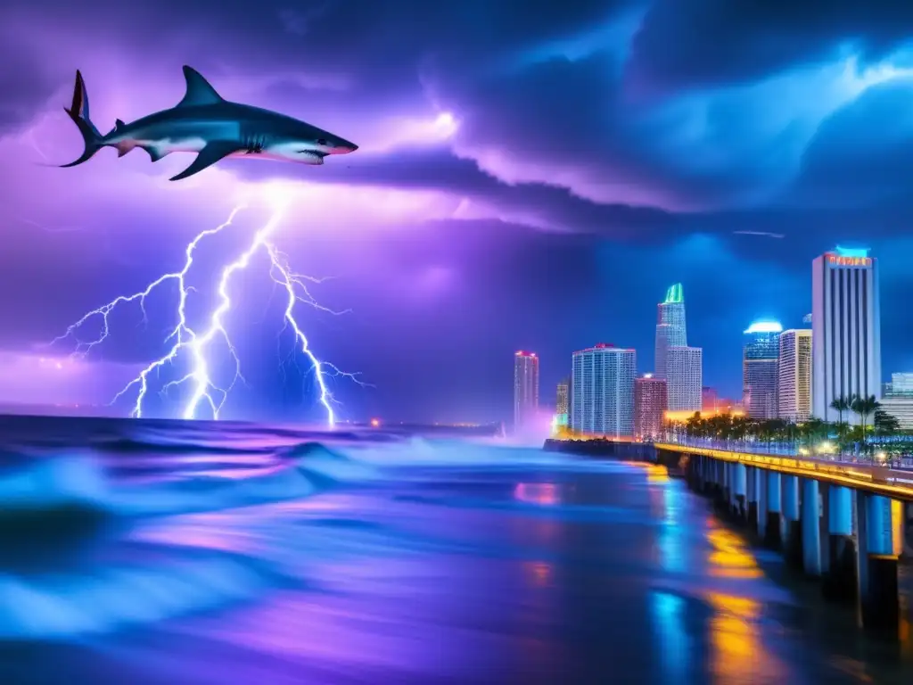 A cinematic scene of a #Sharknado descending on a coastal city during a hurricane, with towering buildings and neon lights being devoured by the storm