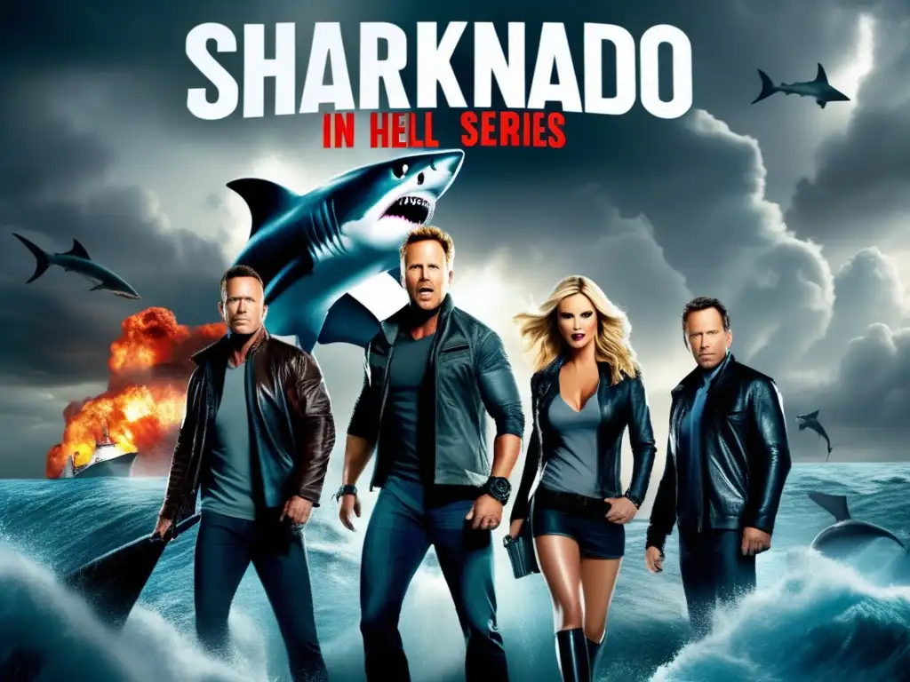 A cinematic poster showcasing the action-packed 'Sharknado' series