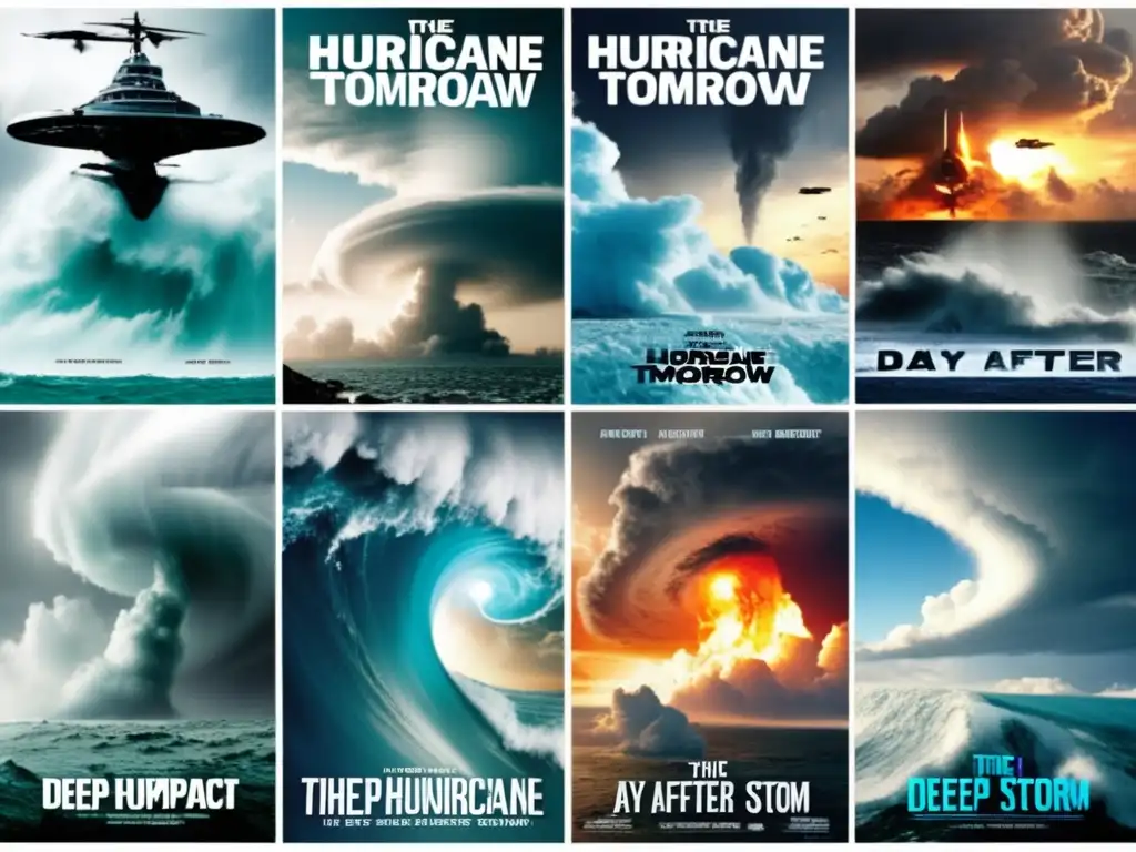 A visually stunning collage of hurricane movies, including 'The Day After Tomorrow,' showcases the destruction brought upon by climate change