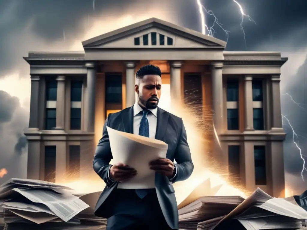 A lawyer stands in front of a shattered office/courthouse, phone in one hand, legal documents in the other