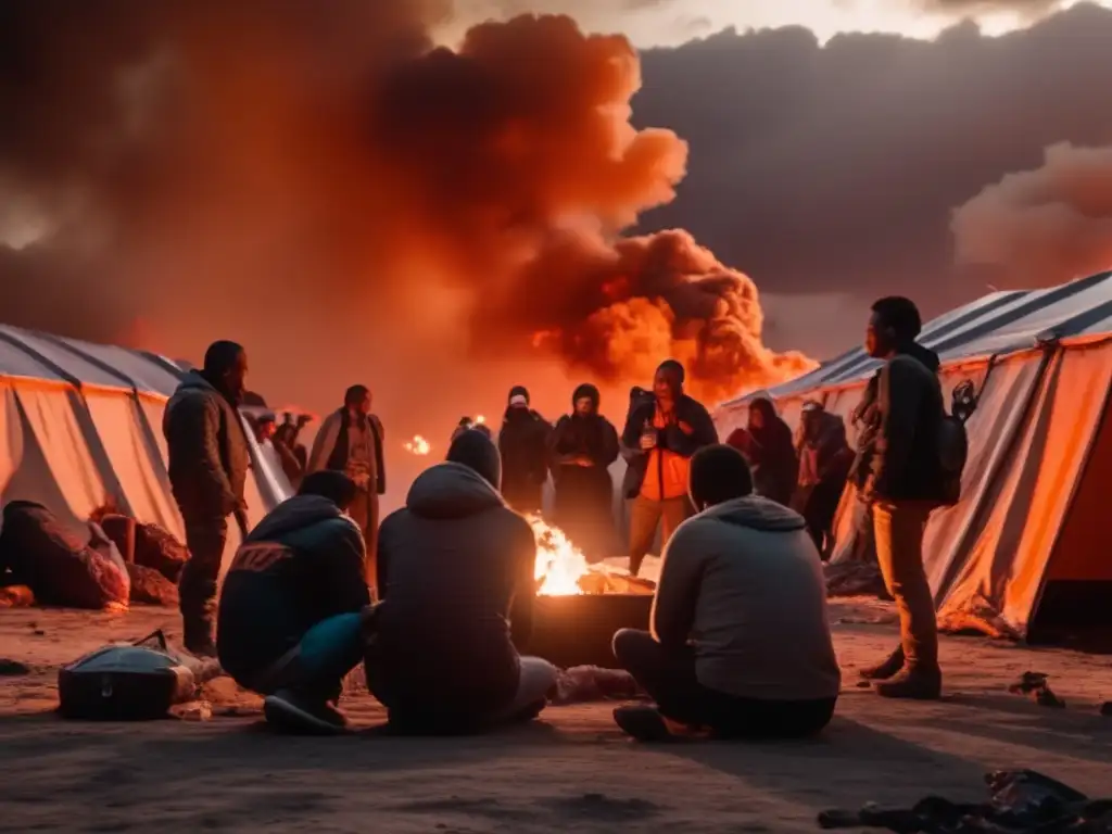 Amidst debris & destruction, people huddle together in fear as flames rise in the background