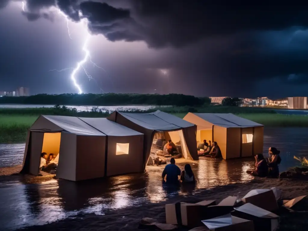 A group of people huddled together in a makeshift shelter, looking up at the lightning-illuminated cloudy sky, with winds blowing through their hair