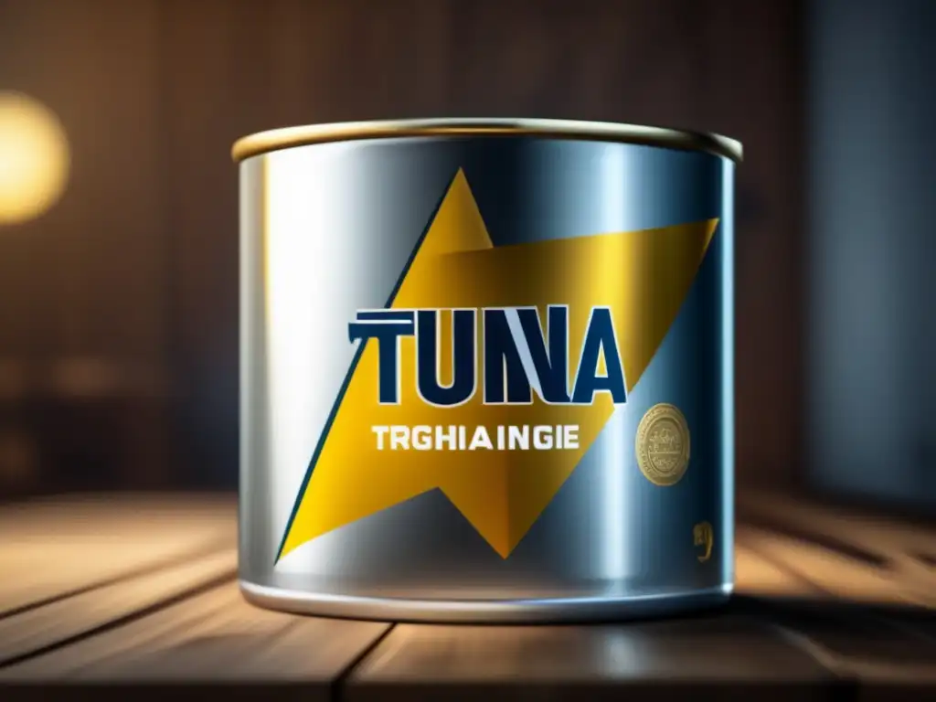 A stunning closeup of a silver and gold can of tuna on a white table, tilted slightly, with a razorsharp triangle