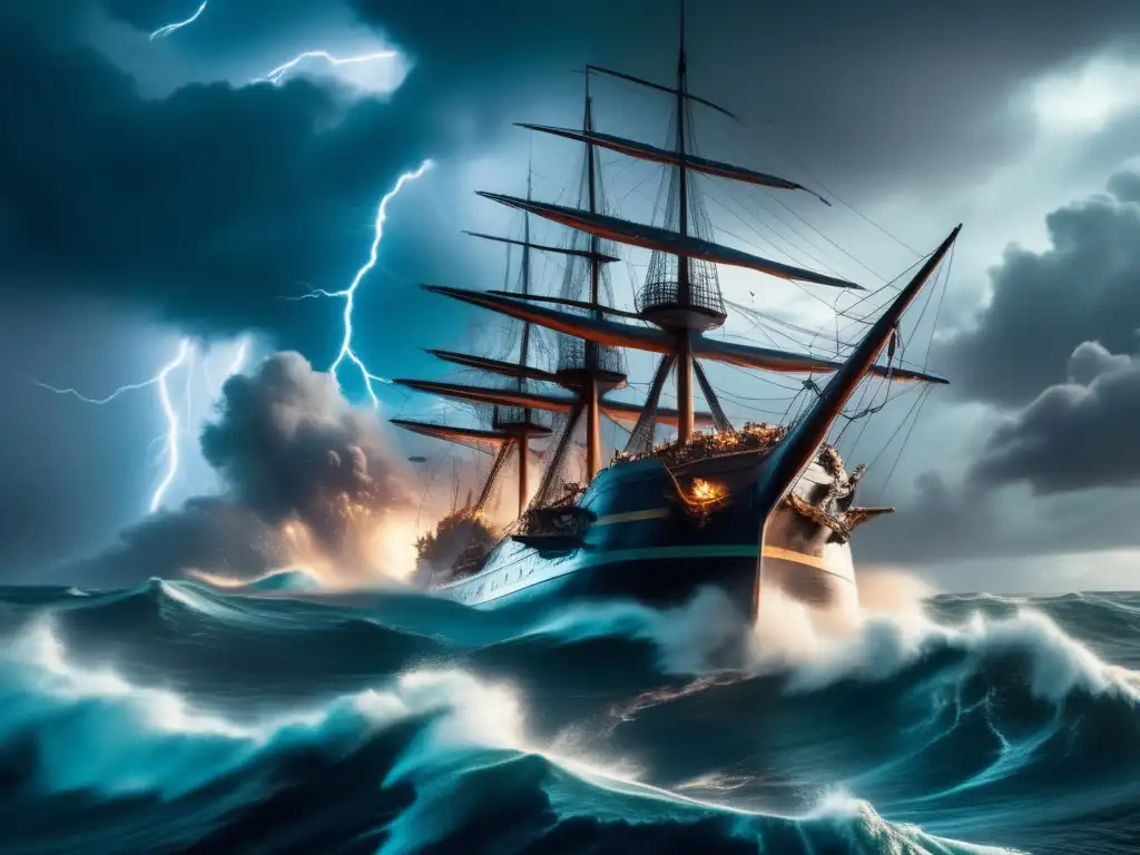 A thrilling cinematic ship battle against a raging Category 5 hurricane, captured with stunning detail and intensity