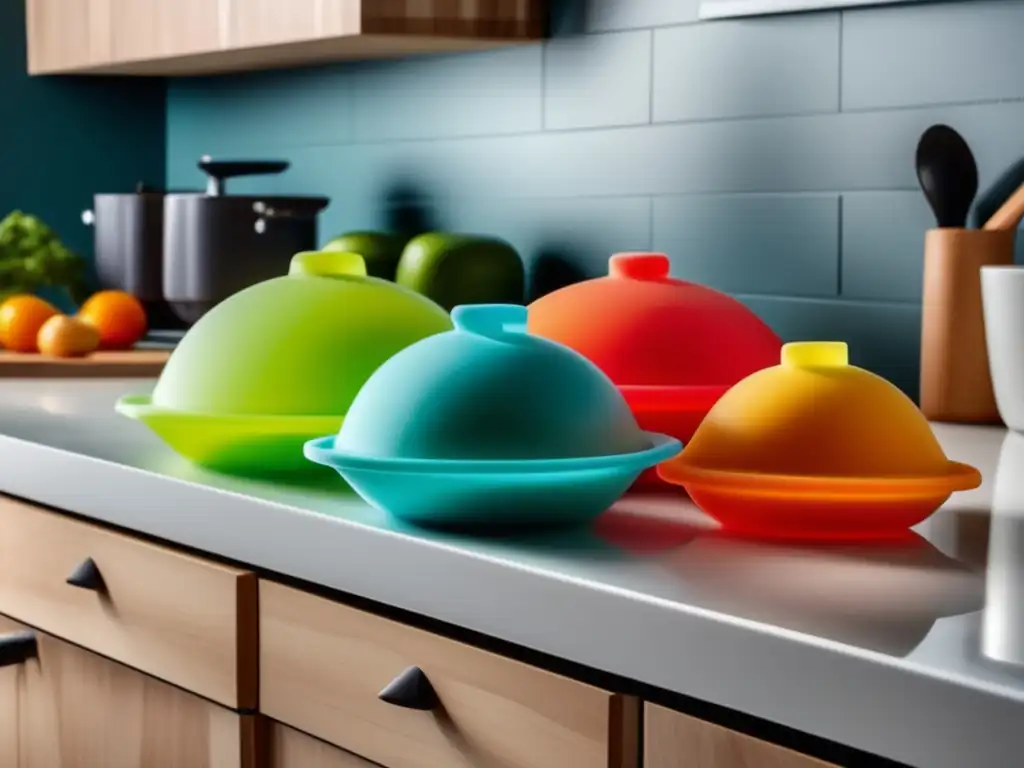 Introducing a kaleidoscope of colorful, unique reusable silicone food savers, artfully arranged on a crisp white kitchen countertop