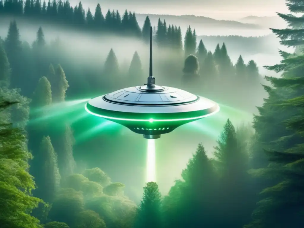 A satellite communicator glistens in the sunlight above a dense lush green forest with a foggy background