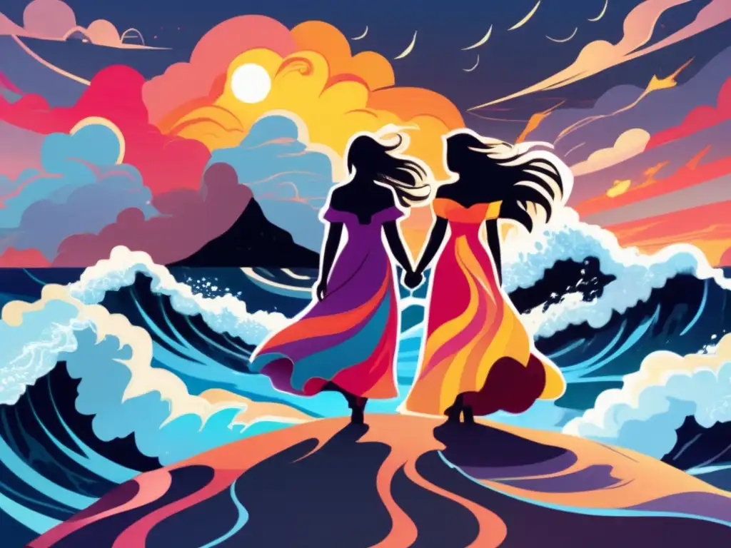 artistically rendered image of two sisters embracing amidst a chaotic sea, displaying resilience and unity in the face of adversity