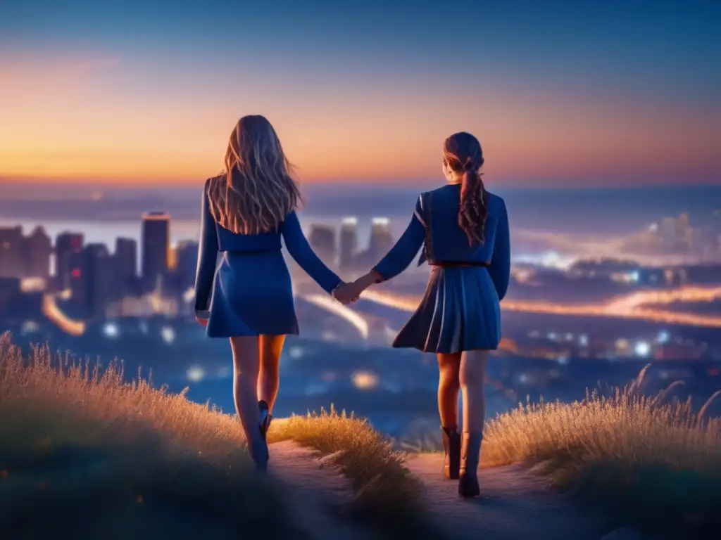 A touching cinematic moment of two sisters embracing each other, standing hand in hand on a hillside overlooking their city during a serene sunset, with a clear blue sky and the faint hustle of city lights in the distance