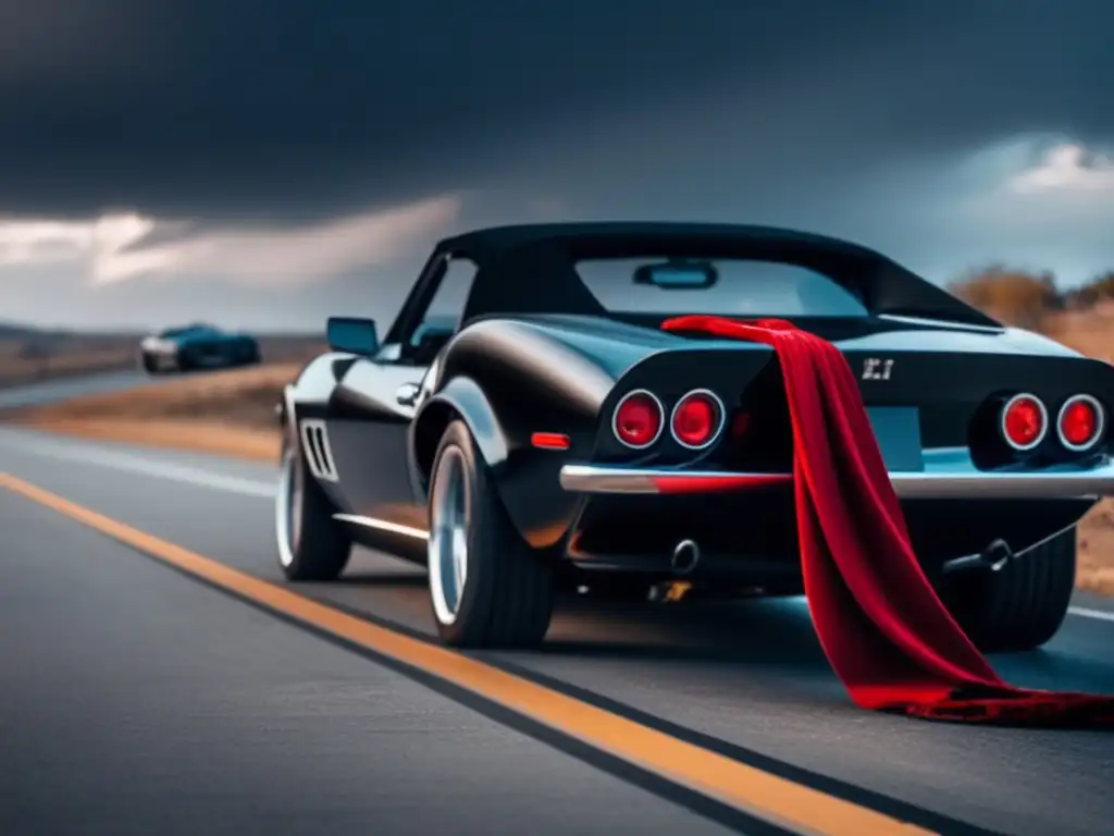 A cinematic photo of a sleek, black sports car stranded on the side of the road with its hood up and engine running