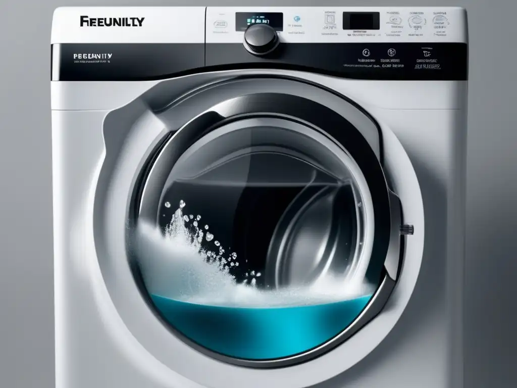 A sleek, modern portable washing machine with water pouring out of the spout, creating dramatic, cinematic lighting with a shallow depth of field