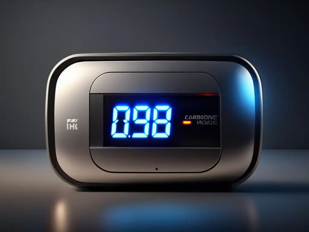 A sleek, modern carbon monoxide detector with a streamlined design and digital display catches the ambient light in this close-up, cinematic shot, creating a sense of depth and capturing your attention