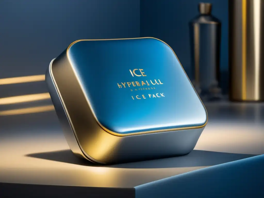 A stunning closeup of an elegantly packaged ice pack in a modern silver container with gold foil accents