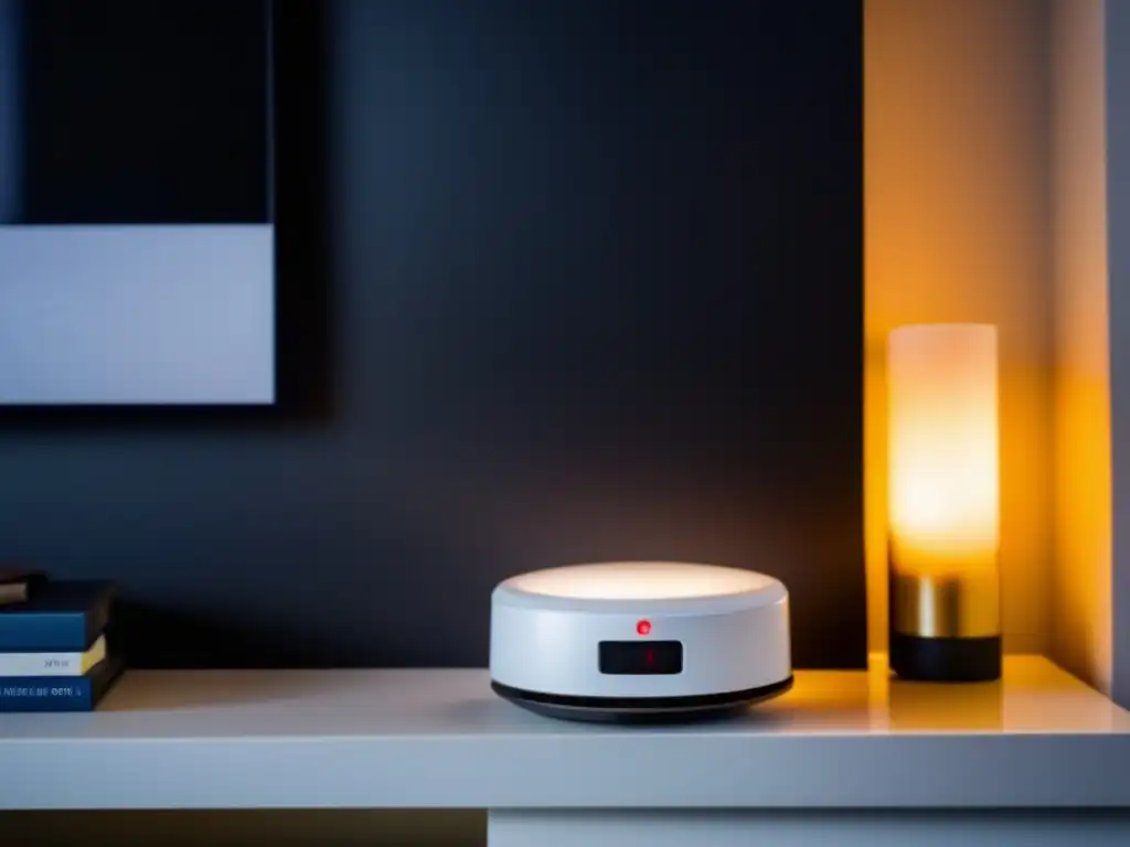 A stunning photograph of a smoke detector equipped with a battery backup, perched on a white, fireplace mantel