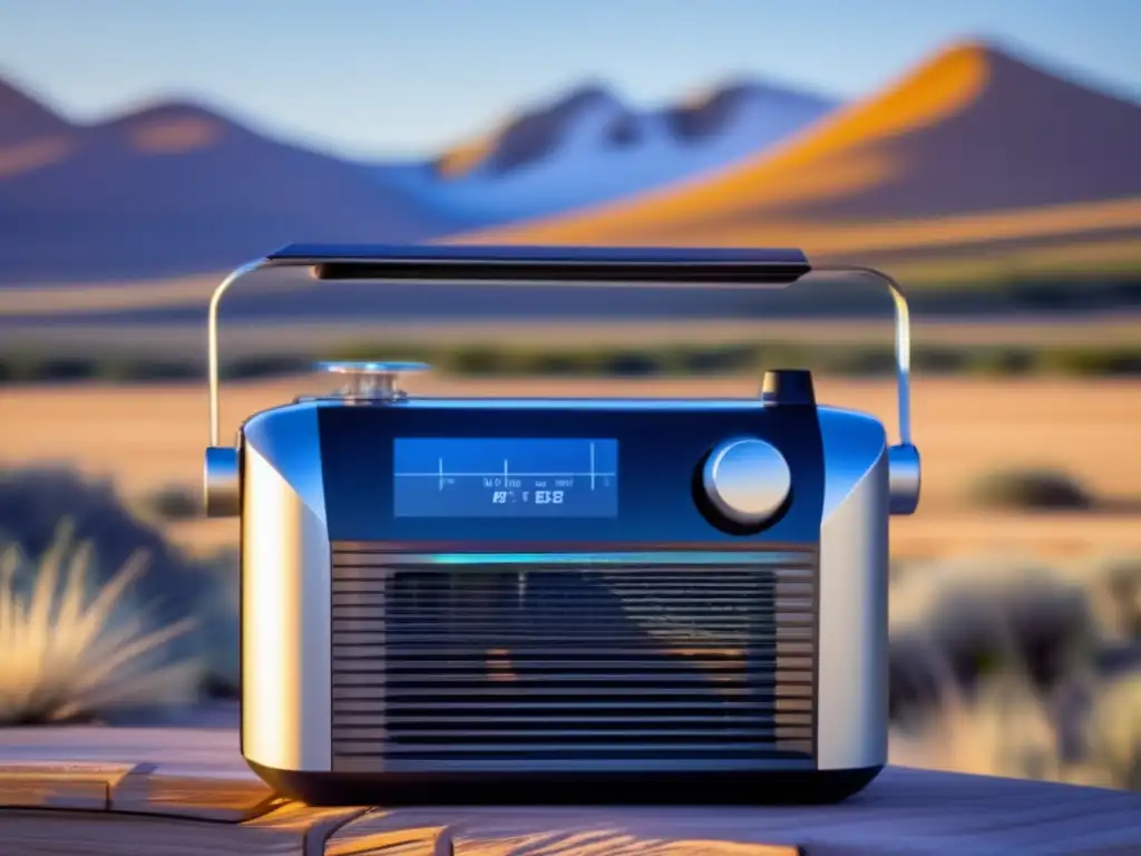 A stunning image of a sleek, modern solarpowered radio with solar panels in full view, showcasing intricate design and functionality