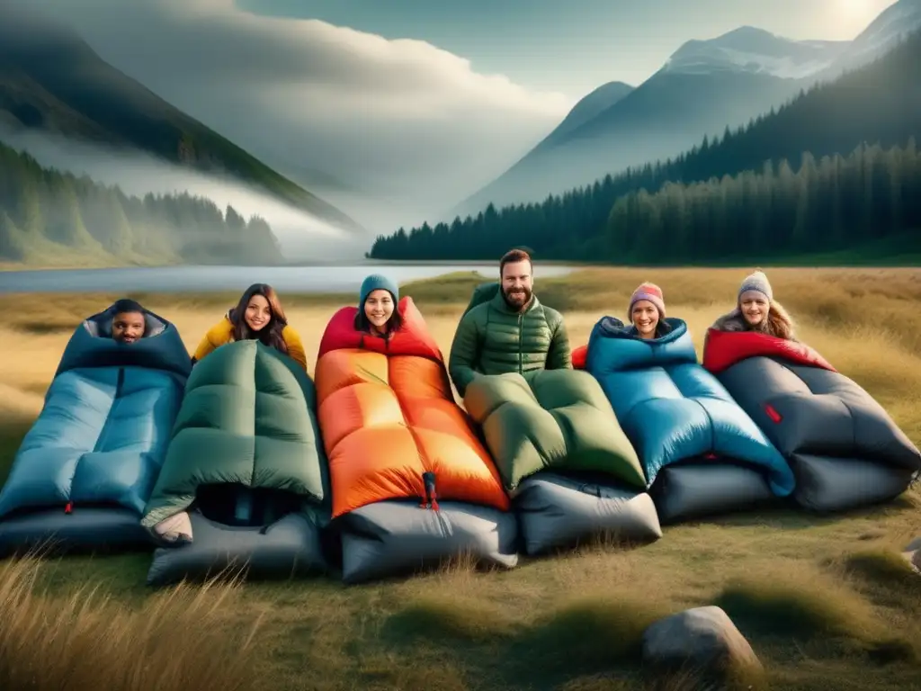 A picturesque ensemble of campers, each adorned with a unique sleeping bag, blanketed in the ethereal beauty of the great outdoors