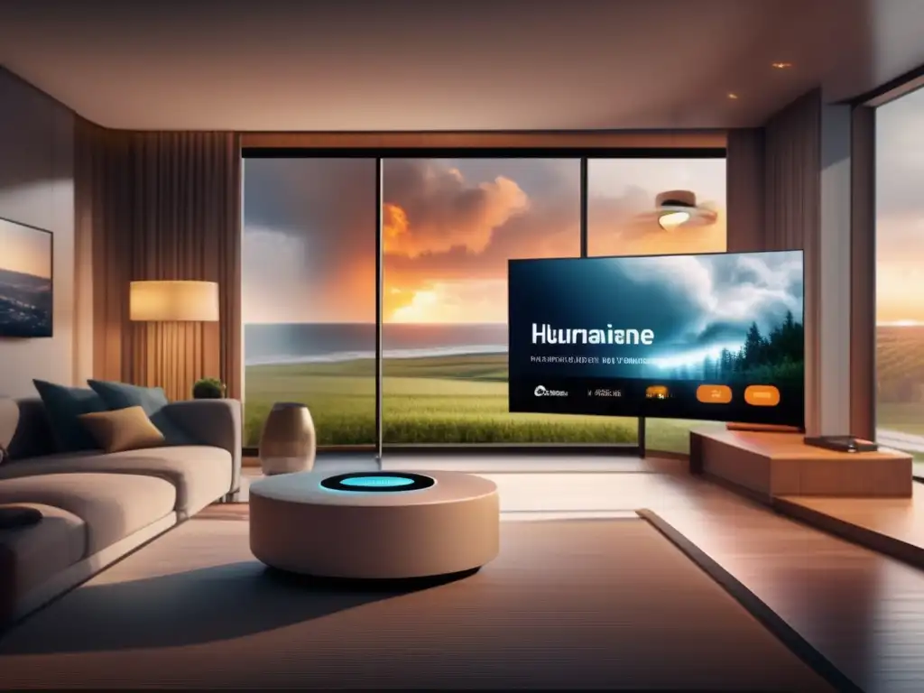 Here's a cinematic vision of a smart home interiors, boasting a beautiful view of the hurricane-hit landscape outside