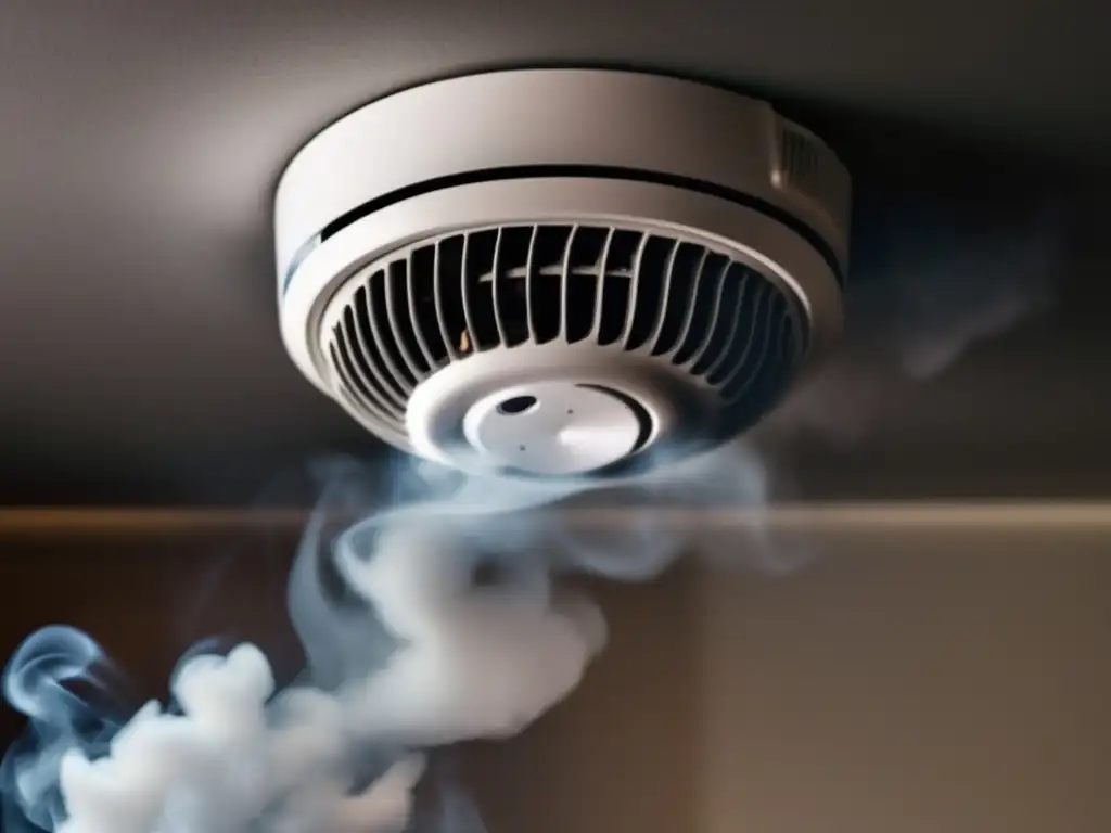 A tense and eerie image, with a smoke detector at the forefront, highlighting the importance of smoke detection in maintaining a safe environment