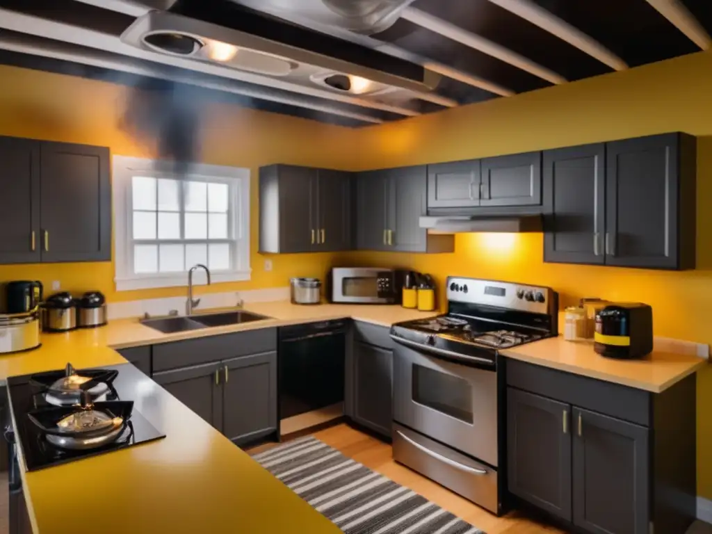 A words-eye view of a kitchen, with smoke presence guardians flickering