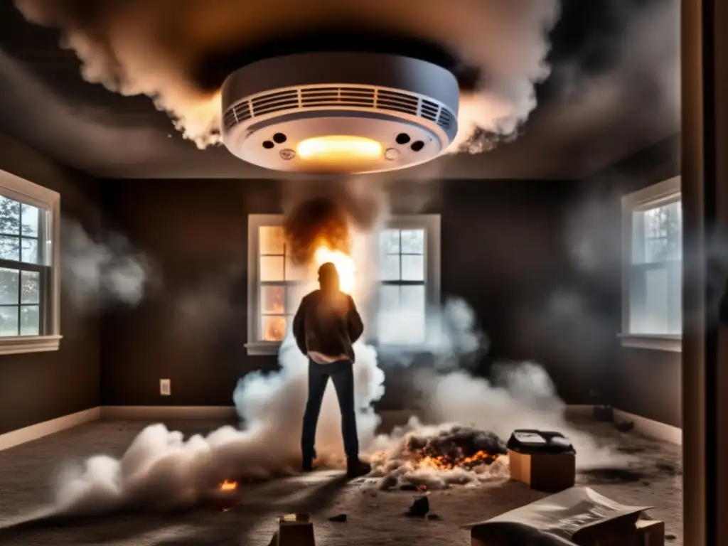 A person holding a highlighted smoke detector in a smoke-filled room radiates intense urgency, surrounded by a halo of light