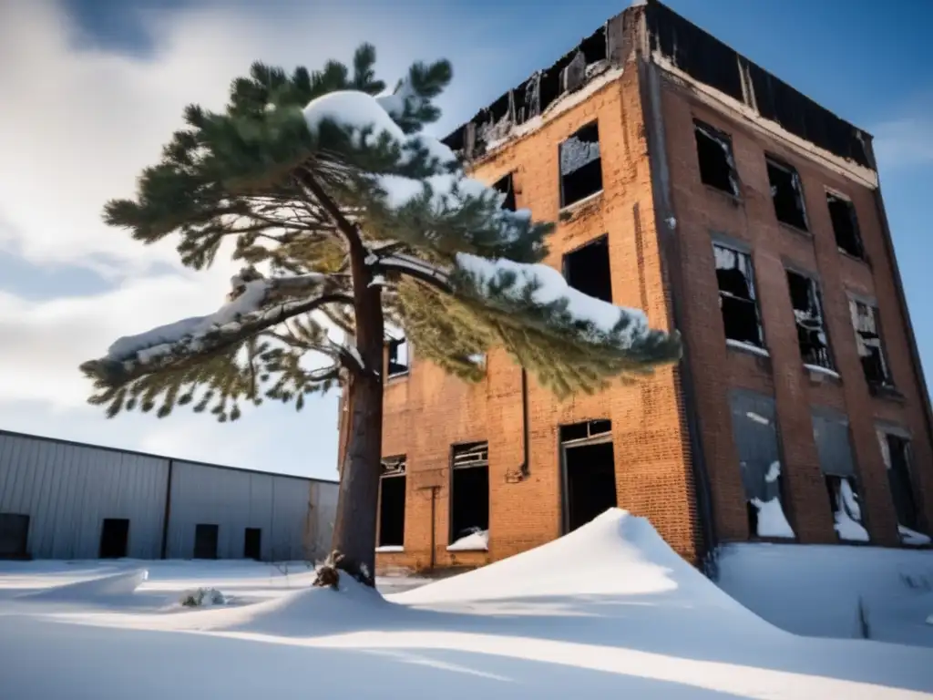 A snowcovered pine tree stands tall amidst the ruins of an abandoned factory after a devastating hurricane