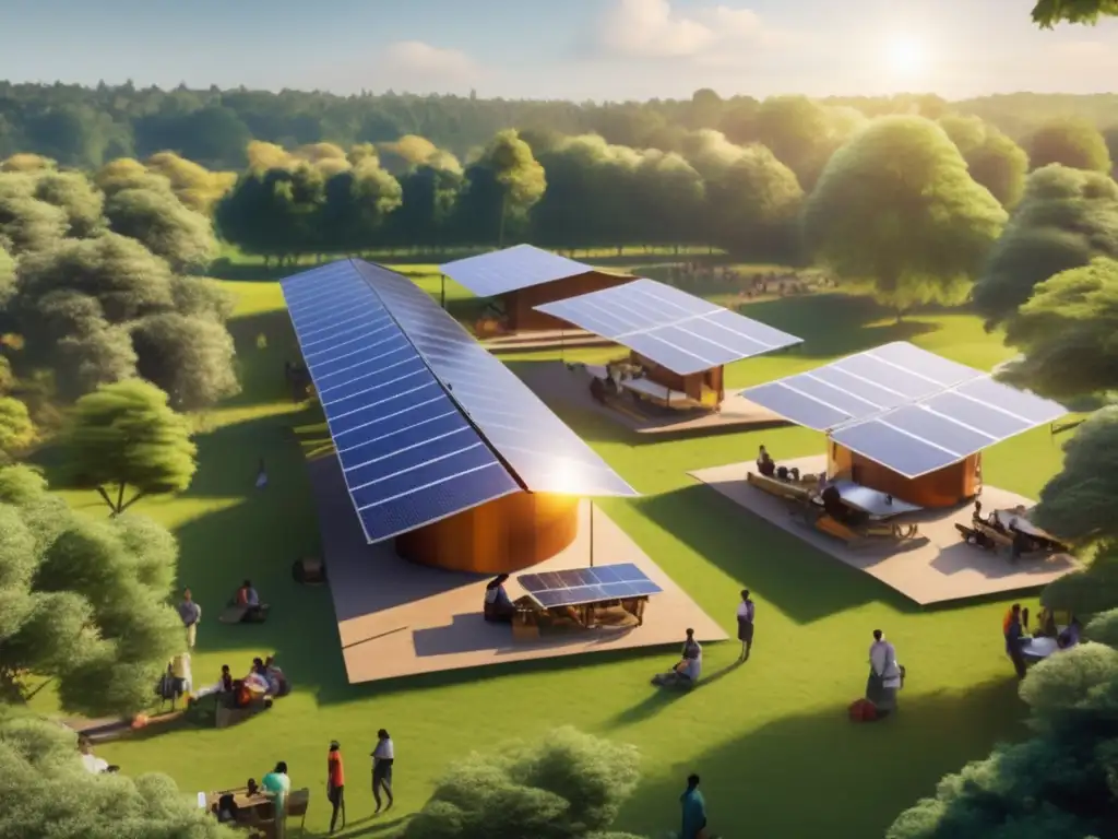 Dash-Communities embracing sustainable living with pride, surrounded by towering trees and vibrant energy at the center of it all- the solar cookers