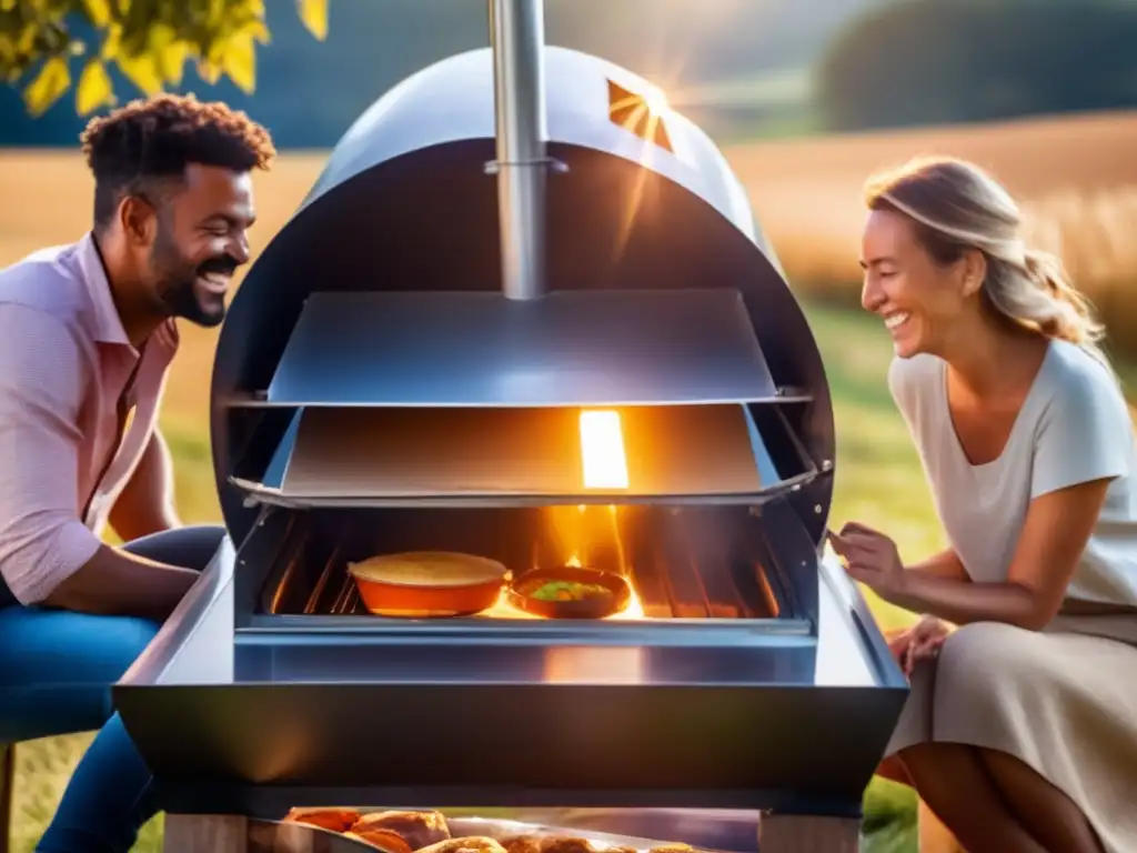 A captivating shot of two people relishing a meal cooked in a large solar oven under the scorching sun