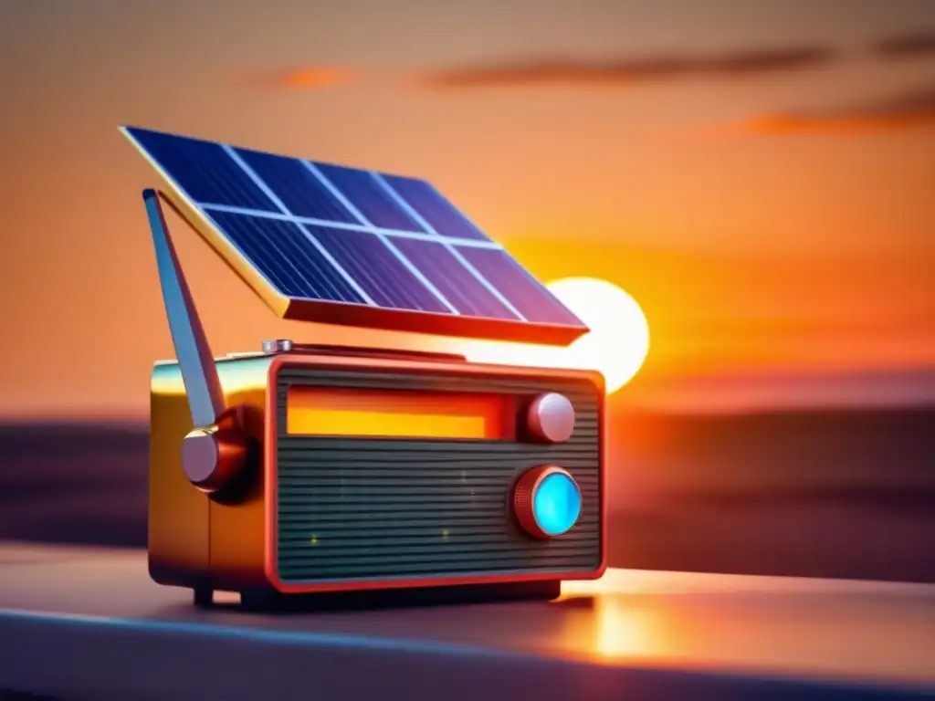 A powerful and stylish solar-powered radio, bathed in the warm glow of the rising golden sun in the background