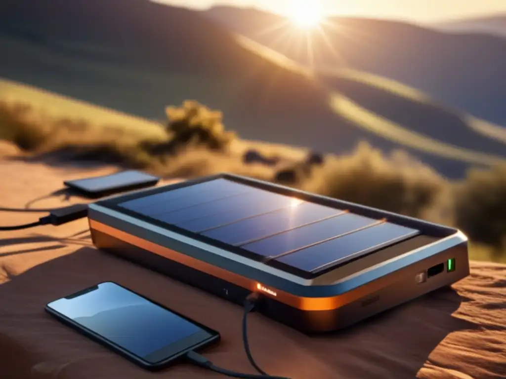 A cinematic highresolution solar-powered charger in action, capturing sunlight's magic and powering our devices on a rugged outdoor adventure