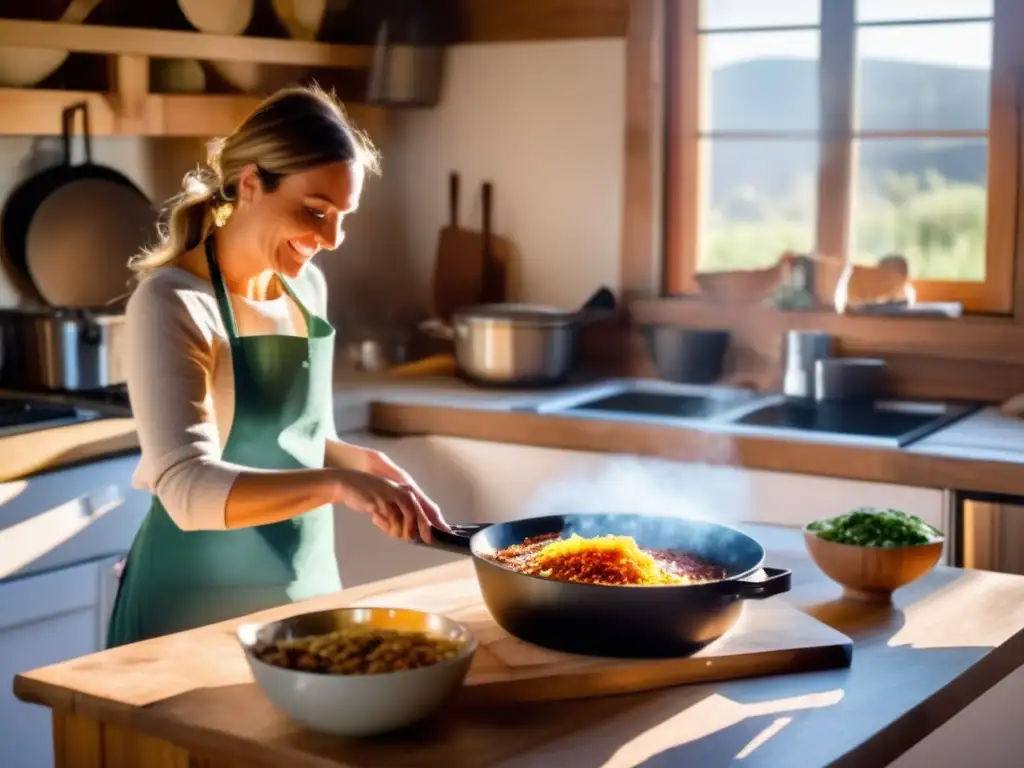 A cozy woman in a rustic kitchen embraces sustainability with a solar cooker & abundant ingredients, chopping veggies & enjoying a piping-hot stew