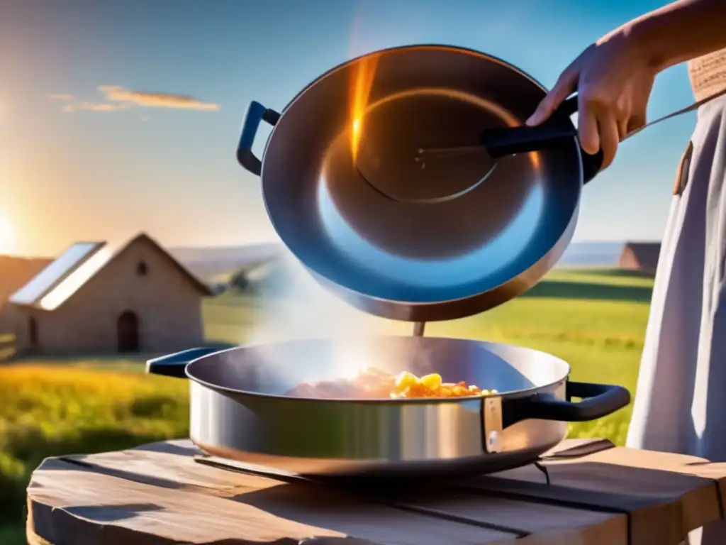 A stunning image of a sustainable solar cooker in action, capturing the excitement of cooking without fossil fuels