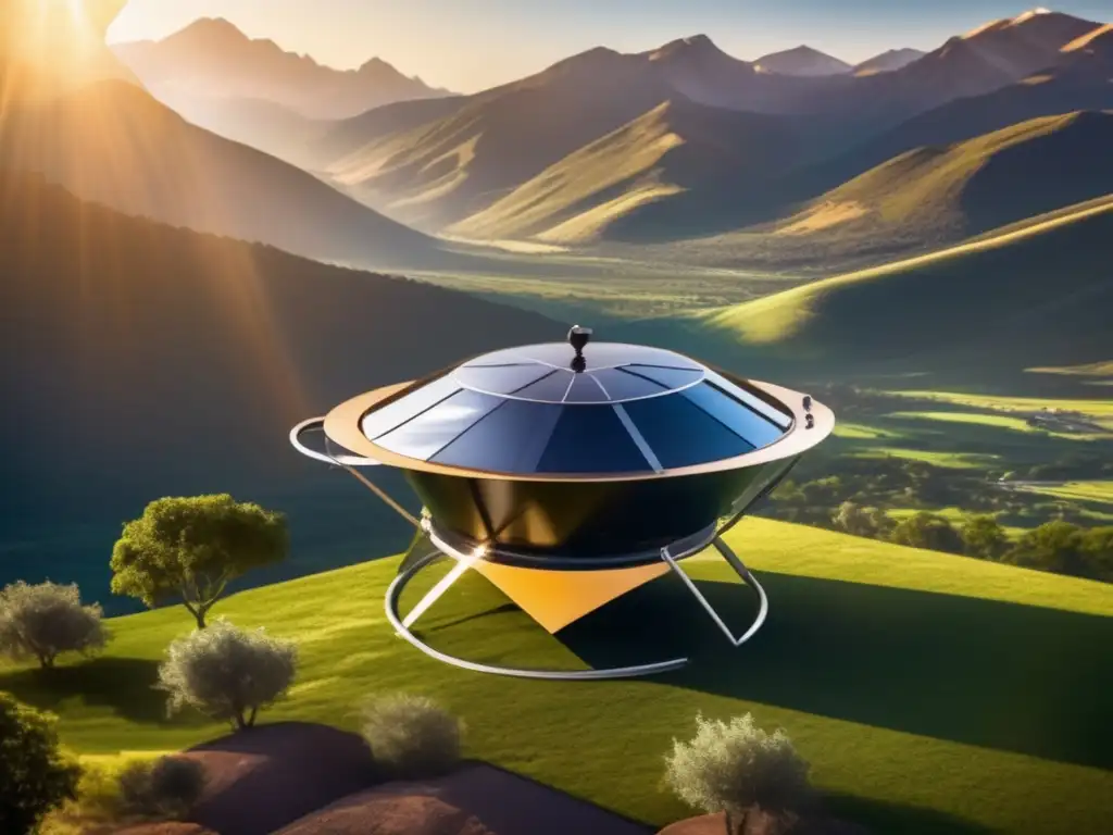 This Solar Cooker Aerial Shot captures a sleek, reflective surface suspended high, bathed in a beam of sunlight