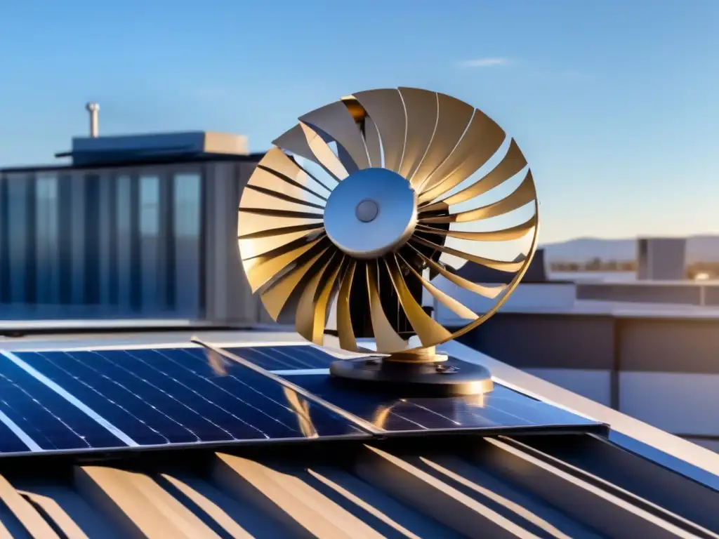 A breathtaking image of a solarpowered fan gleaming in the golden rays of the sun against a clear blue sky