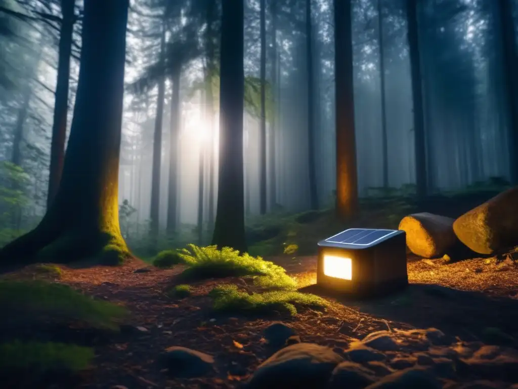 A breathtaking, highresolution image of a dark, moody forest lit by a solar-powered motion sensor light