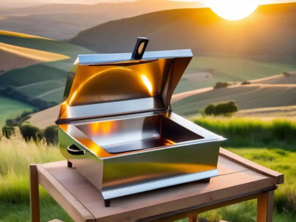 A solar oven set against rolling hills, the golden sun casting rays, steaming water inside, surrounded by food ready to cook