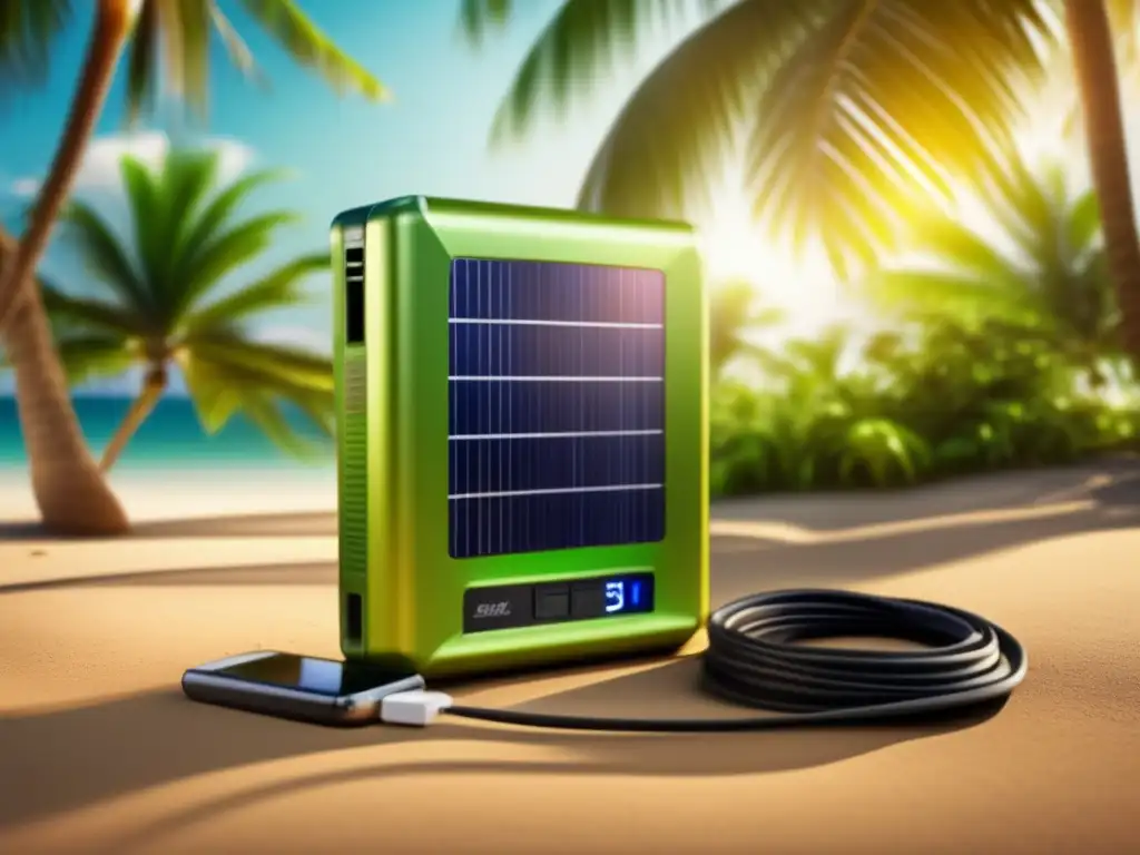 An eco-friendly solar charger with natural light illumination, surrounded by lush green palm trees in a tropical background